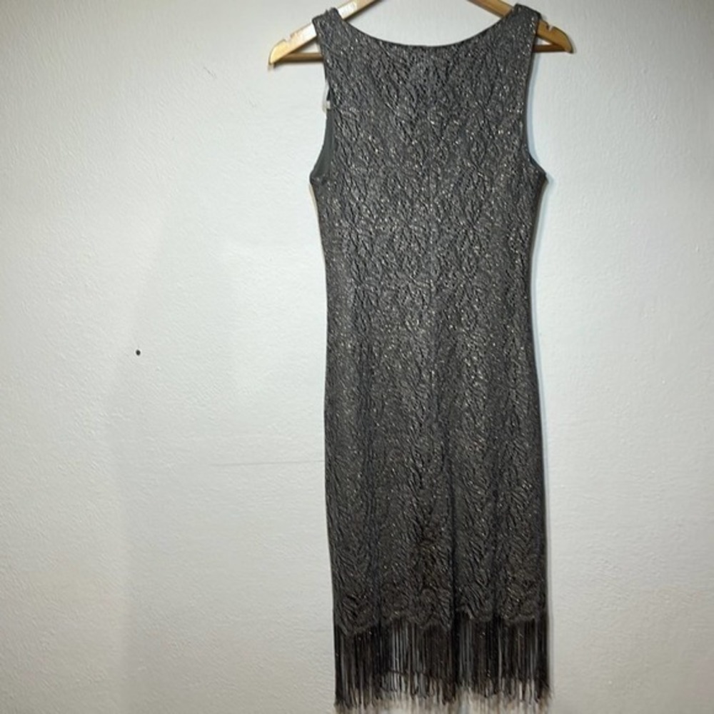 Vintage Be Smart Gray‎ Sheath Dress Crocheted With Gold Shimmer Lace Fringe - Picture 4 of 9